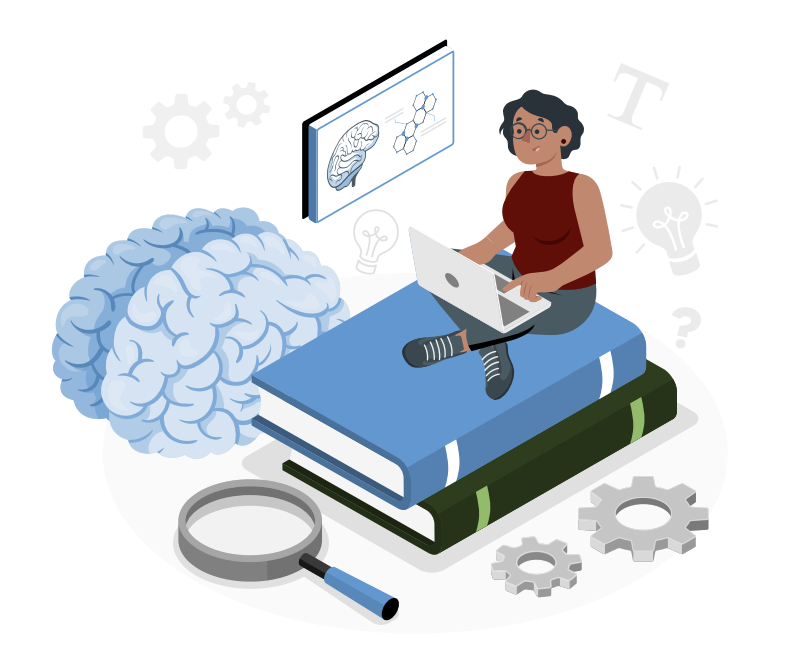 A woman sitting on a stack of books with a laptop, a large brain illustration to her left, and scientific symbols like gears and a brain diagram around her, representing study or research in neuroscience or science.