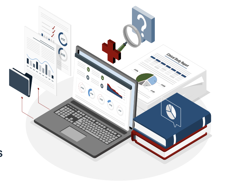 Illustration of a laptop surrounded by medical and analytical reports, books, and medical symbols, representing healthcare data analysis and research.