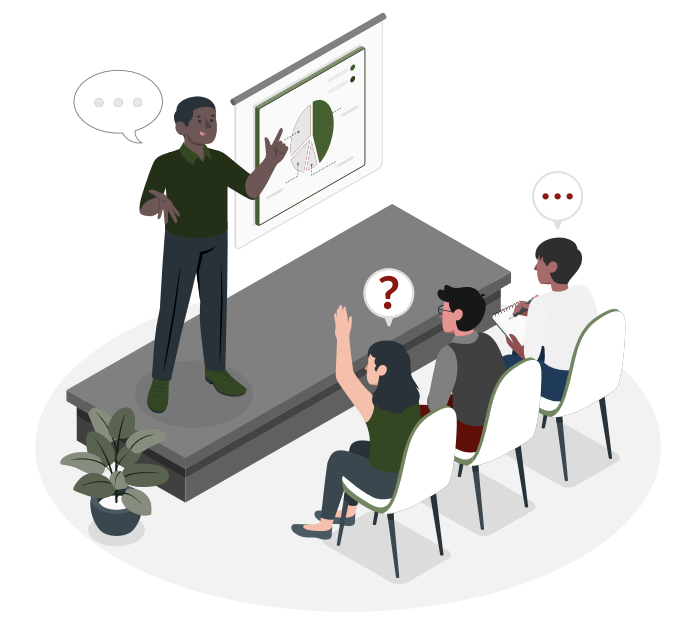 A presenter demonstrating a data analysis on a projected screen to three seated people in a meeting room, with one person raising a hand and another holding a tablet, and a potted plant beside the table.