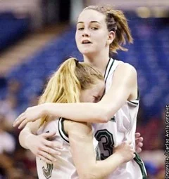 Tori Markey hugs Jenny Brasch after she fouls out in the final moments of the Mats loss to Bishop Montgomery in 2002. 