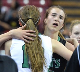 Miramonte’s Sabrina Lonescu and St. Mary’s Kat Tudor embrace after a hard fought NorCal Finals