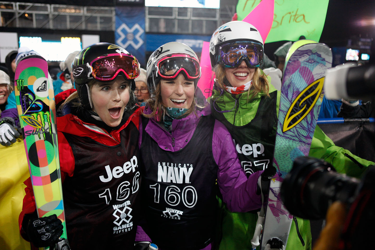 Brita Sigourney (center) celebrates after an X Games event with Sarah Burke (on Brita's right)