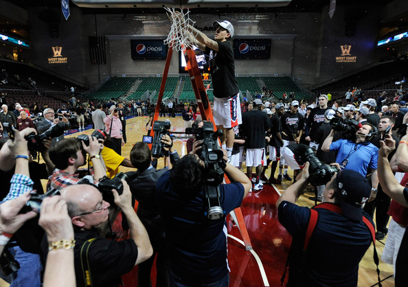David Stockton cuts down the nets at the Orleans (photo by Ethan Miller)