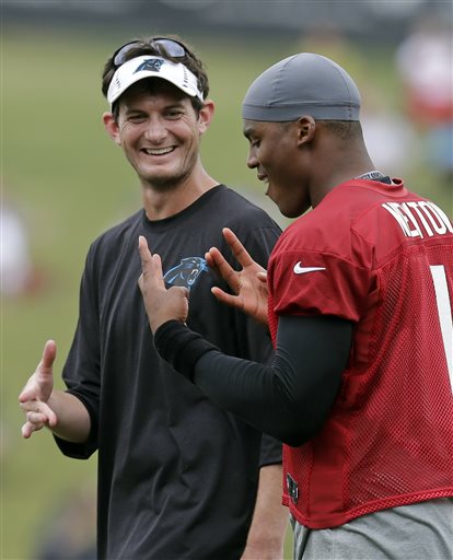 Kenny D passes off some west coast culture to Cam at a recent PAnthers' practice. (photo by Chuck Burton)