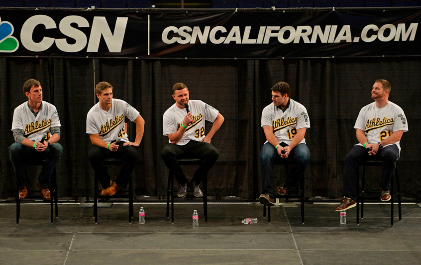 From left to right: Chris Bassitt, Kendall Graveman, Jesse Hahn, Josh Phegley, and Stephen Vogt (photo by Jose Carlos Fajardo)
