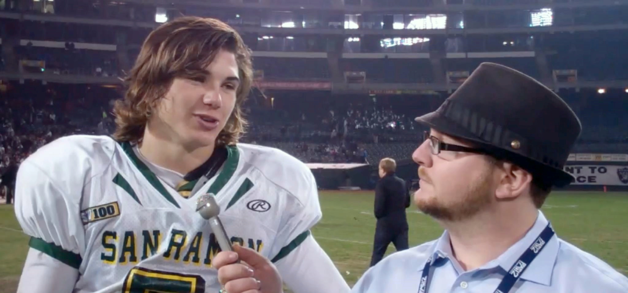 (Zach chats with CAL beat writer Ryan Gorcey during a high school appearance at the Oakland Coliseum) 