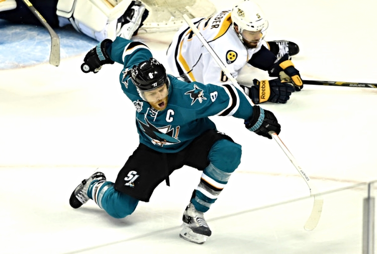 Captain Joe Pavelski celebrates his game-winning goal in Game 2 at the Shark Tank (photo by Tony Avelar)
