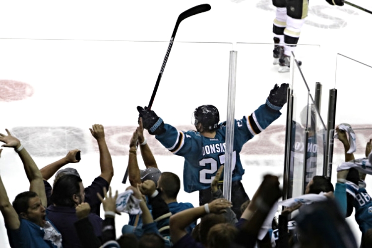 Joonas Donskoi celebrates his top-shelf game winnning goal on Saturday night. (photo by Bruce Bennett) 