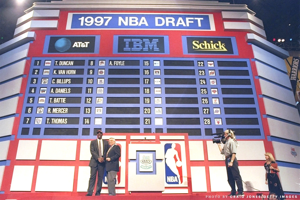 "With the 8th pick of the 1997 NBA Draft, the Golden State Warriors select Adonal Foyle from Colgate University." (photo by Craig Jones)