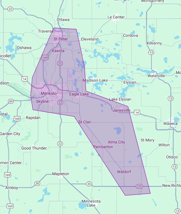 Map showing the boundaries of a region with cities like Mankato, Waseca, and New Richland in Minnesota, highlighted in purple.
