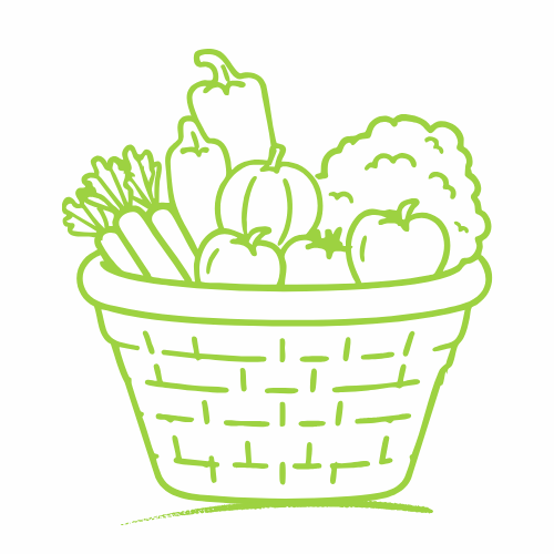 Green line drawing of a basket filled with various vegetables including a pepper, pumpkins, lettuce, apples, and carrots.