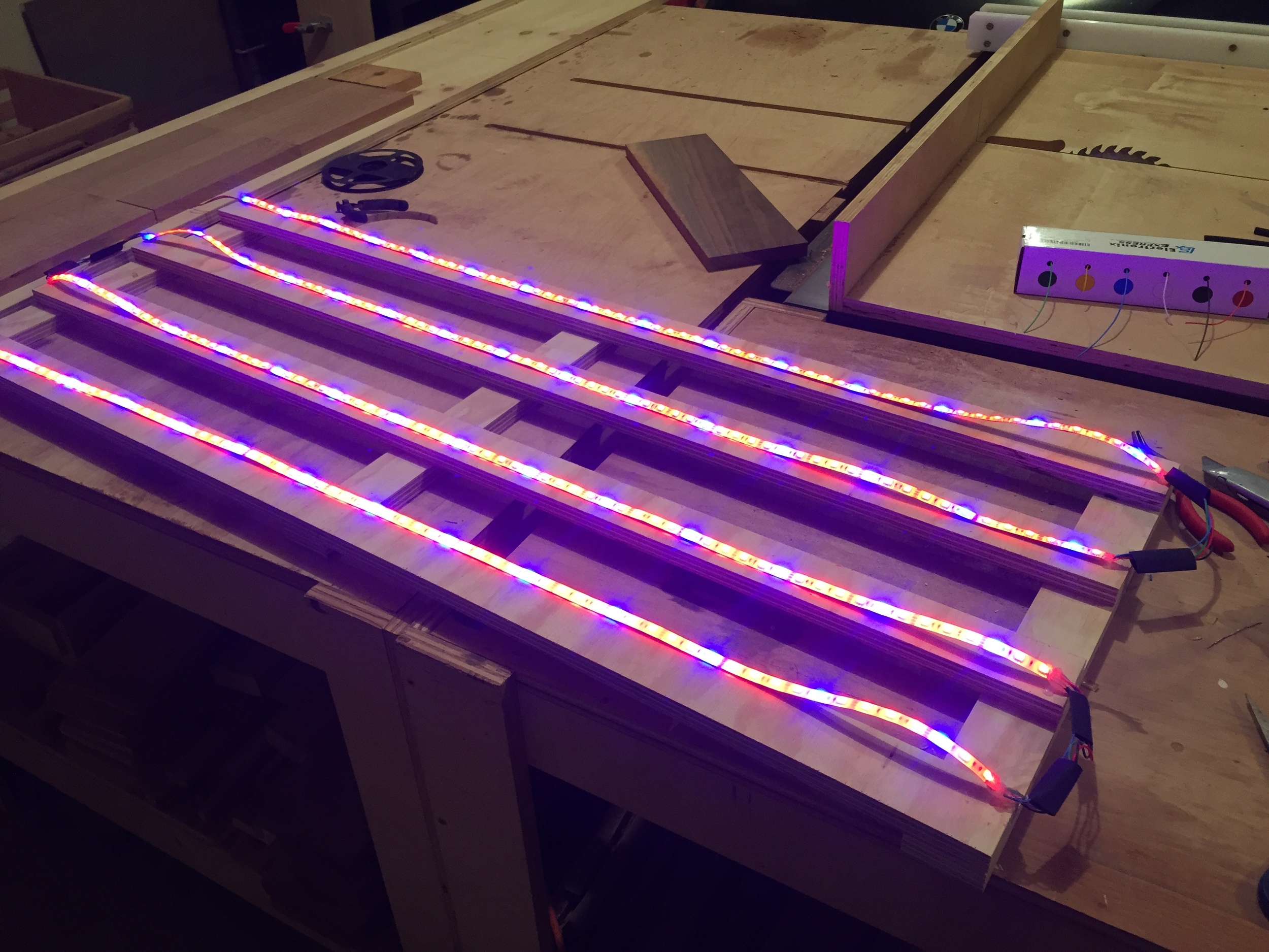  Testing out the LEDs for my seed starting rack. Powered by an old computer power supply! 
