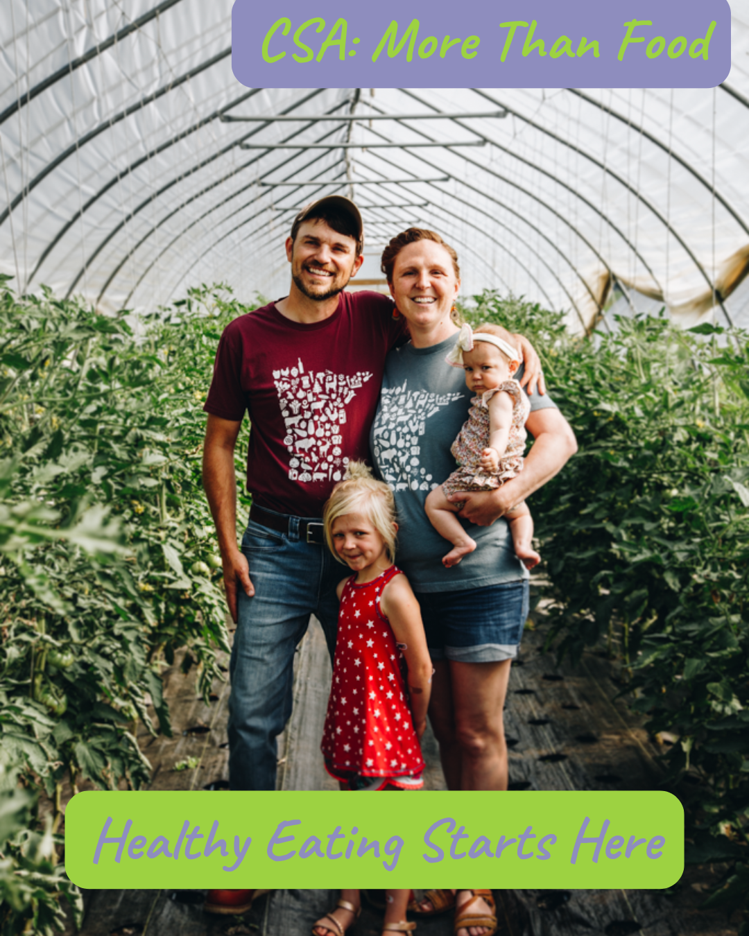 A family of four standing inside a greenhouse surrounded by lush green tomato plants. The father and mother are smiling, and the mother is holding a young girl. The other girl is standing beside them, all wearing casual summer clothes.