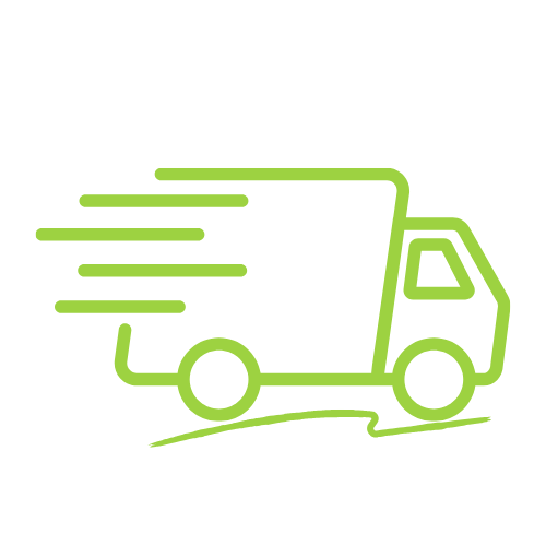 Green outline of a moving delivery truck with speed lines indicating motion.