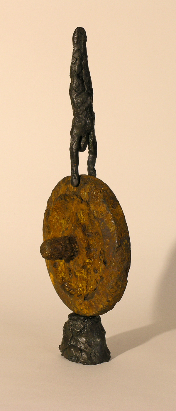 Handstand, bronze figure with found object, LH