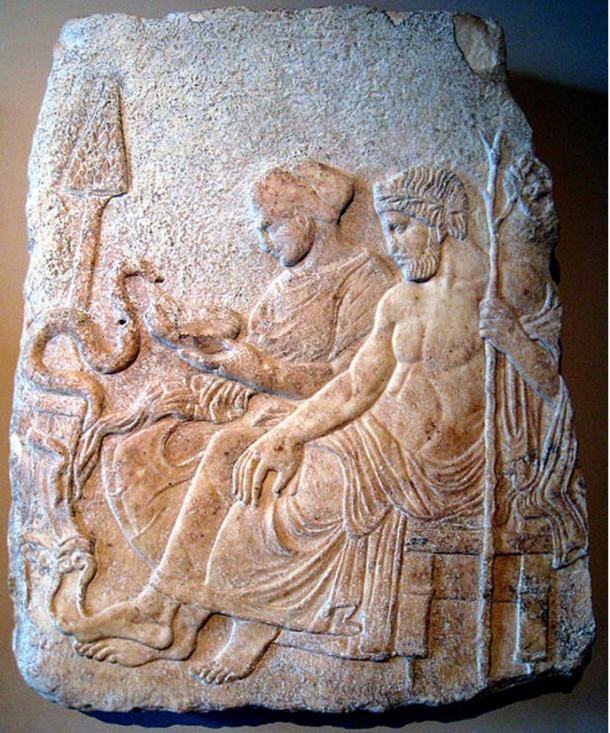 Asclepius and his daughter Hygieia, goddess of health.