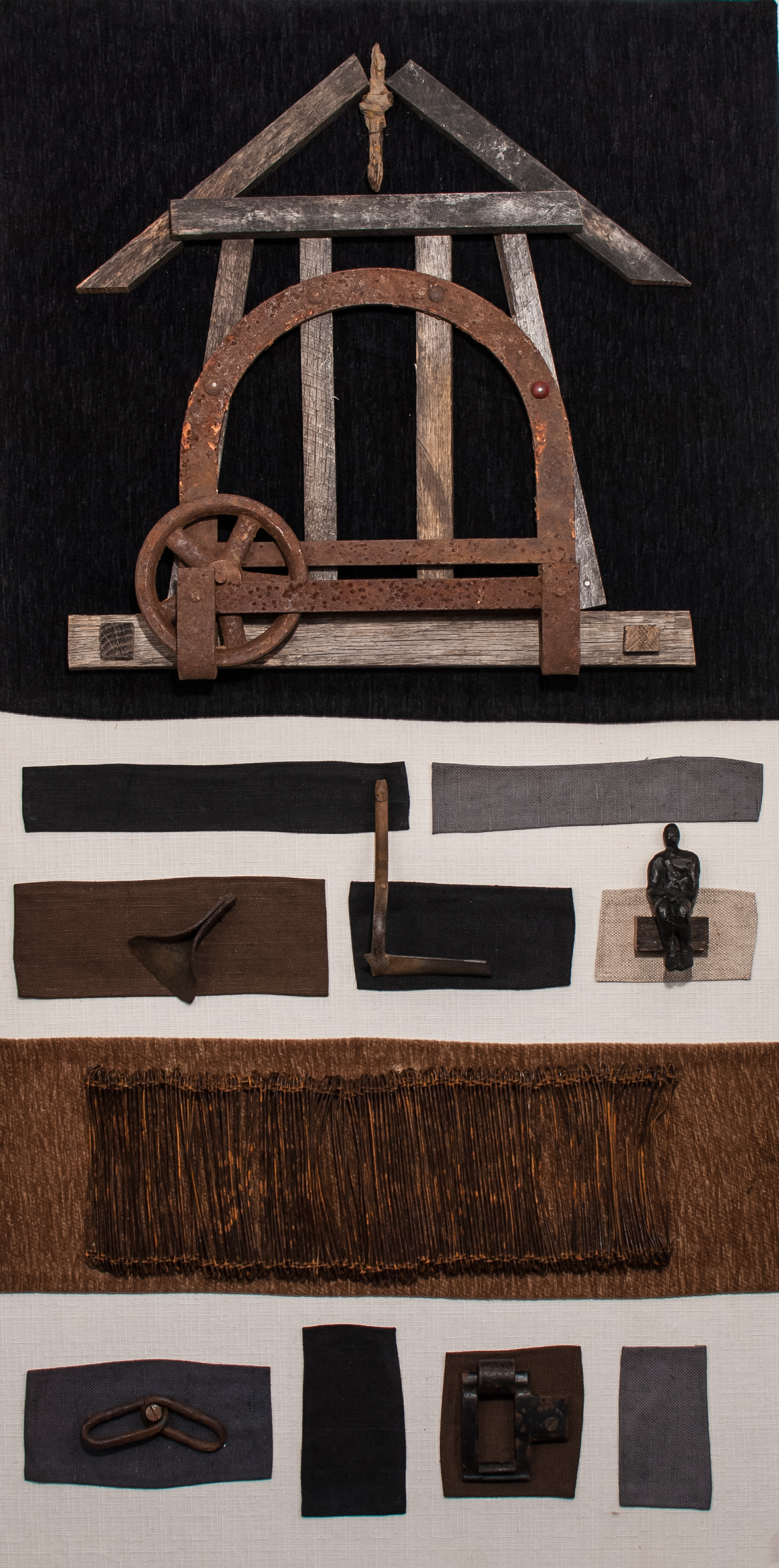 Winter Barn , 2016, Cloth, Found Objects, Wood, Bronze Figure, 2' x 2', LH
