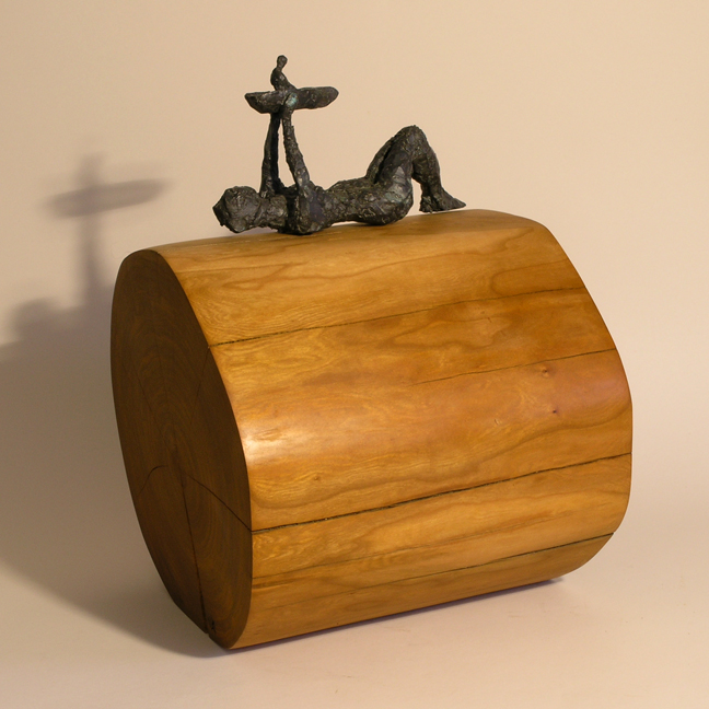 Woman Launching Boat , bronze sculpture, cherry wood, LH