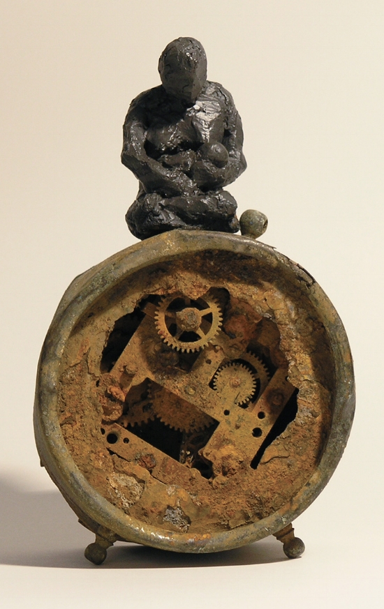 Nursing TIme , Bronze figure and rusty alarm clock, LH