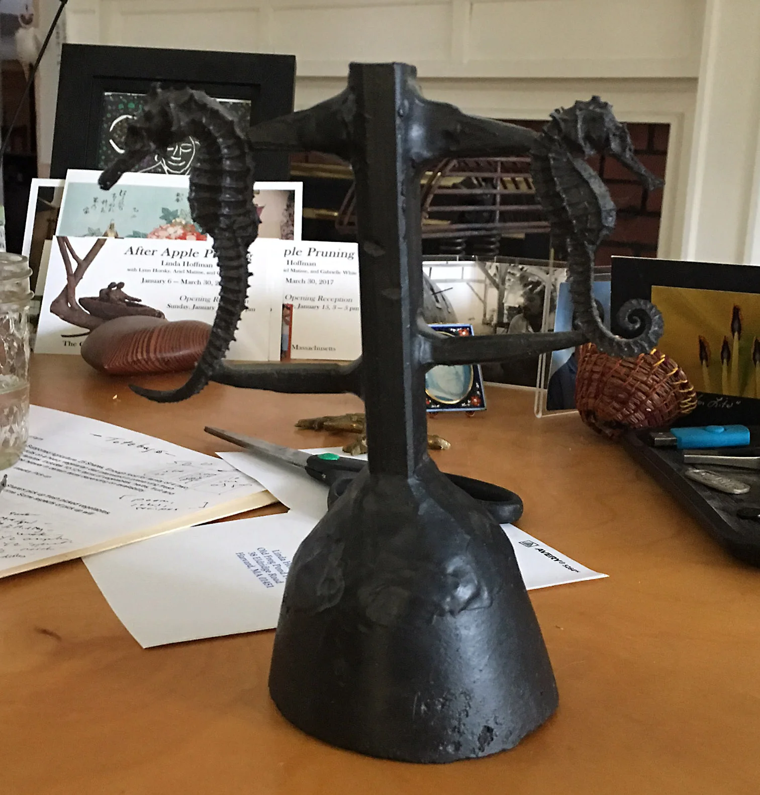 Bronze Seahorses with funnel and sprues on my desk.