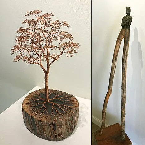 Left: Ariel Matisse, In the Garden, 2019, copper wire, walnut, 11" x 6" x 5½". Right: Linda Hoffman, Long-Legged Man, 2006, bronze, branch, wood block, 65" x 16" x 16".