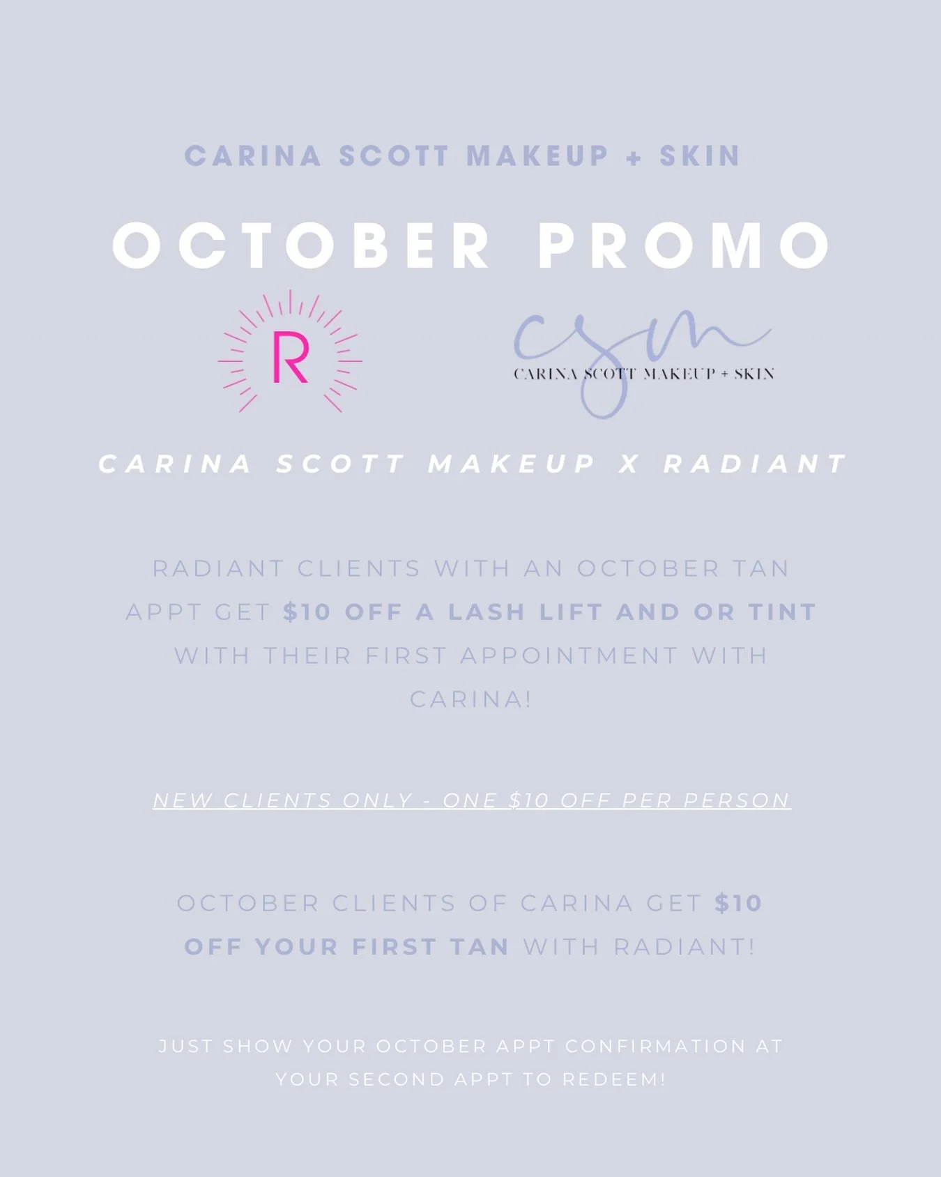 OCTOBER PROMO✨ with @radiant.570! 

BOOK A LASH LIFT + TINT &rarr; SAVE $10 ON A TAN! 

CSM+S clients with an October Lash appointment can get $10 OFF their first appointment with Radiant! 
BOOK WITH TONI &rarr; SAVE $10 ON YOUR LASH LIFT + TINT ✨

R