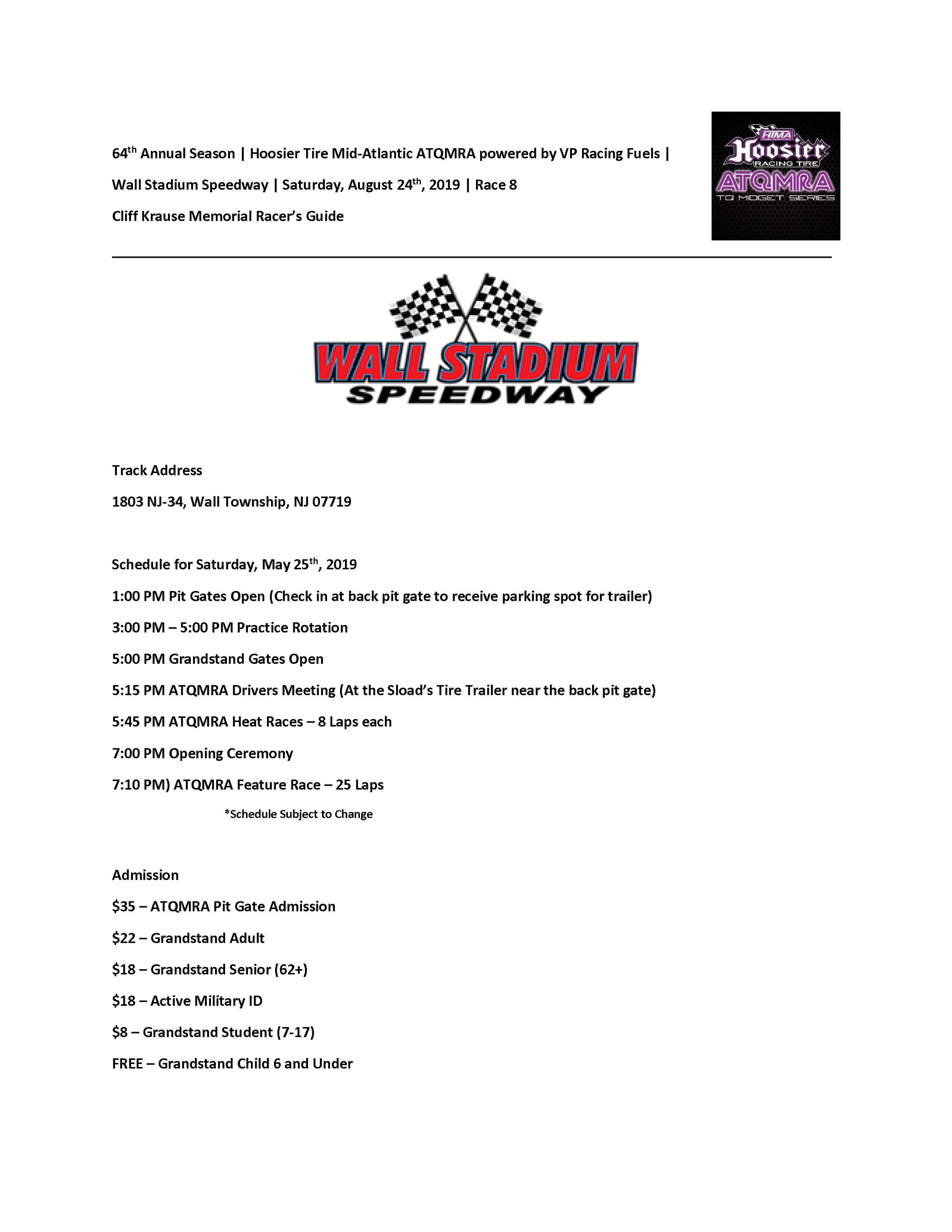 Wall Stadium Speedway Schedule August 24, 2019 Race 8 — ATQMRA