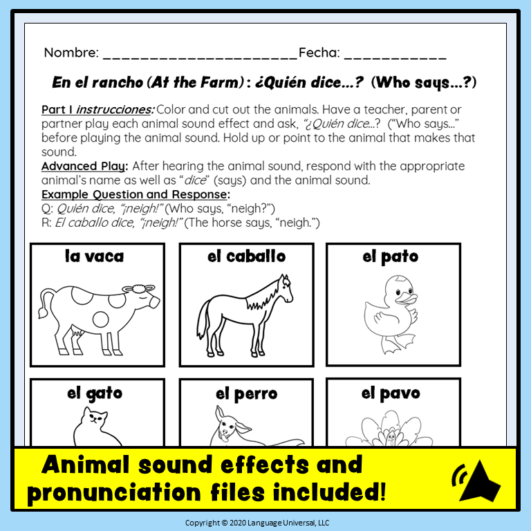 Spanish Farm Animal Vocabulary Activities — Language U