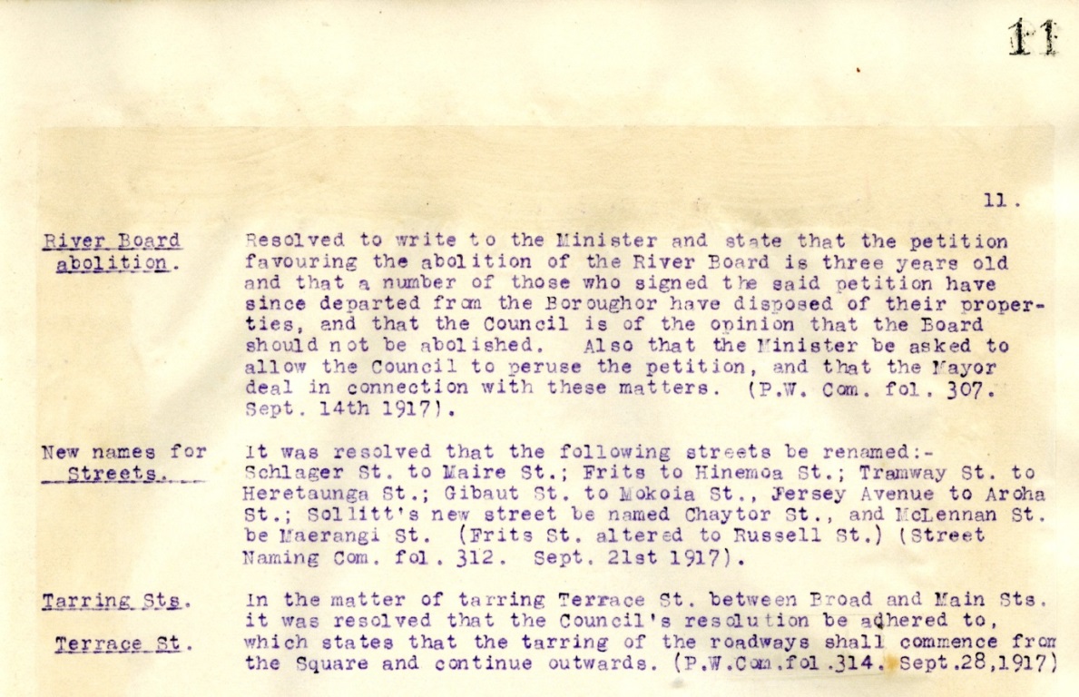 Figure 2: Council resolution to rename several streets, including the naming of property developer Sollitt’s new street as Chaytor. Reference: Selected Resolutions from Council and Committee Minutes, 1916 – 1920, Volume 1 Series 1/2/1, Ian Matheson City Archives.