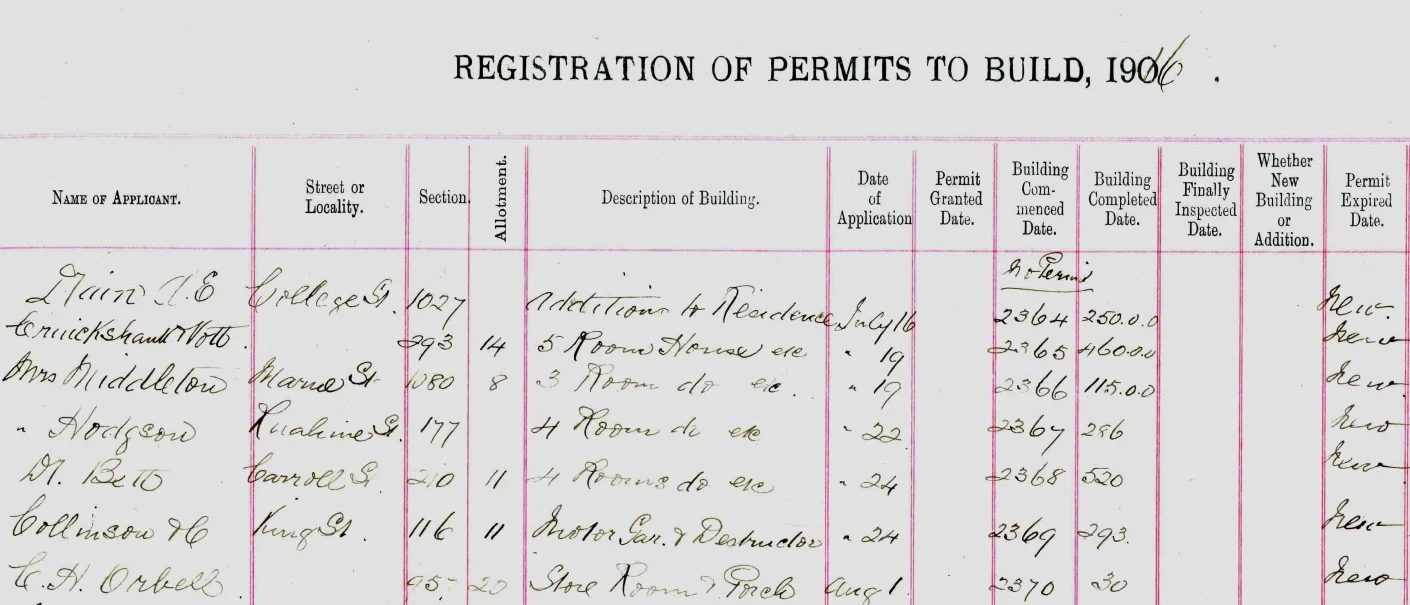 Figure 2: Palmerston North City Council Building Permit book showing the first house to be built on Marne Street in July 1916. Reference: Building Permits Register Book, Volume 1, Series 4/13/2, Ian Matheson City Archives.