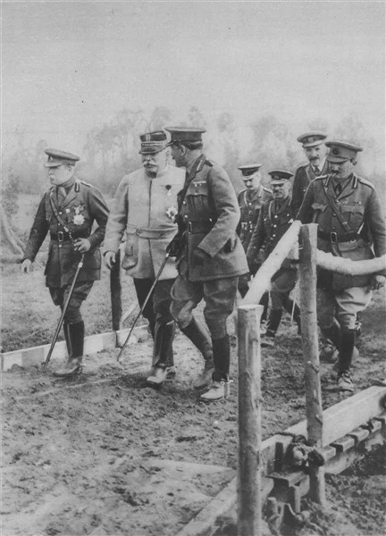 Figure 5: The commanders of allied forces during the First Battle of the Marne: Field Marshal Joffre (2nd from left) and General French (centre) touring the frontlines, 1915. Reference: The Great War: The Standard History of the All Europe Conflict, vol. IV. Edited by H. W. Wilson and J. A. Hammerton, Amalgamated Press, London, 1915.