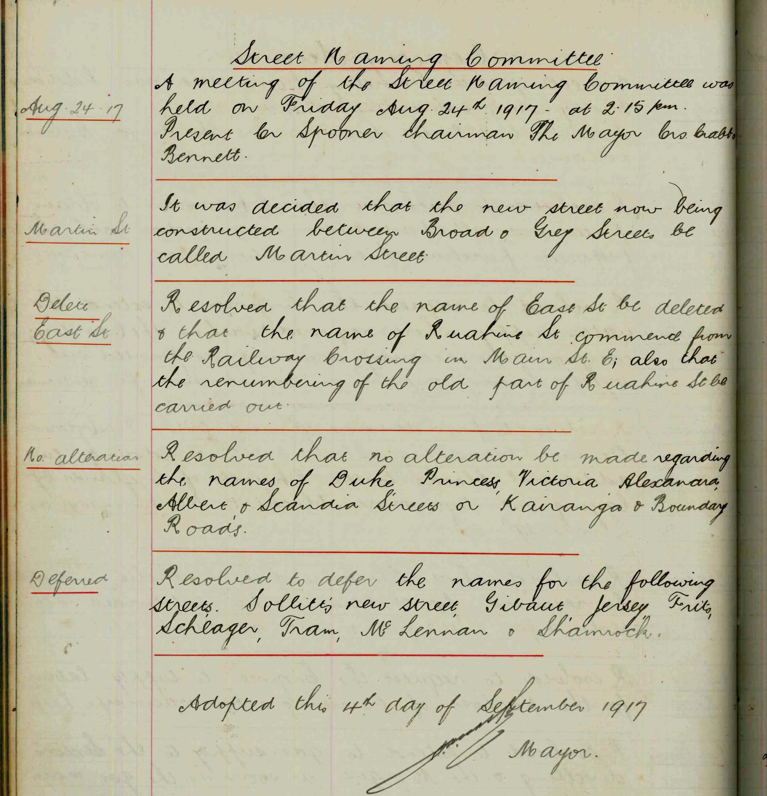 Figure 1: Palmerston North City Council minute book entry showing the decision to name the newly constructed road Martin Street on 4 September 1917. Reference: Minutes of Council Meetings, 1914-1917, Volume 7, Series 1/1/1, Ian Matheson City Archives.