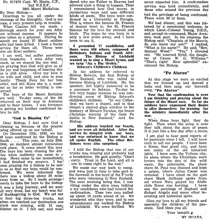 Figure 6: A letter, dated 1 November 1944, from Wiremu Huata to the Bishop of Aotearoa, Fredrick Bennett. Source: Waiapu Church Gazette, Volume 35, Issue 9, 1 November 1944, Page 10. Accessed 19 September 2016. URL: www.paperspast.natlib.govt.nz .