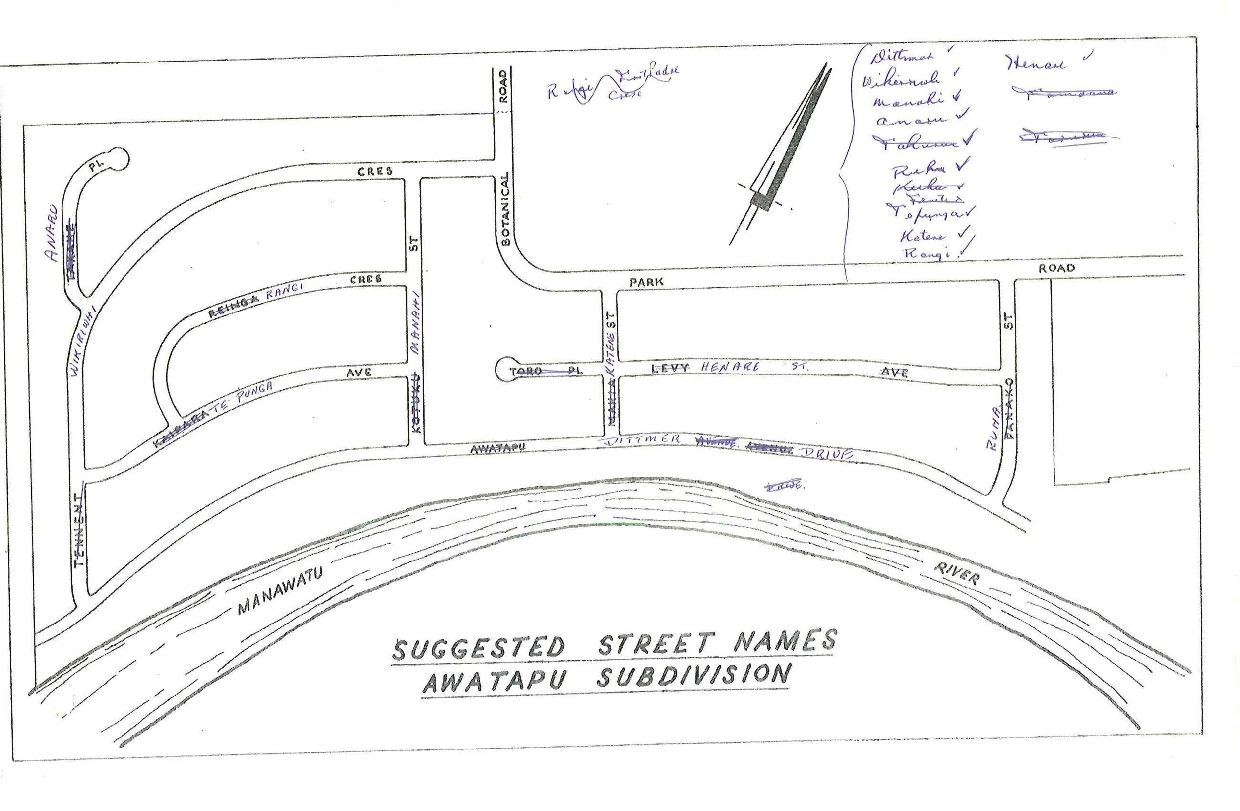 Figure 2: Palmerston North City Council drawn map of 1964 showing the original and revised names of the Awatapu subdivision streets, with Levy Avenue being renamed Henare Street. Source: Ian Matheson City Archives, Series 1/5/5, Volume 75/8/1, part 1.