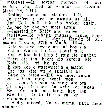 Figure 6: Obituary for Harold Ruha Ngarimu as it appeared in the Weekly News on 28 March 1944. Source: New Zealand Herald, Volume 82, Issue 25163, 28 March 1945. Accessed 19 October 2016. URL: https://paperspast.natlib.govt.nz/newspapers/NZH19450328.2.2.1?query=harold%20ruha :