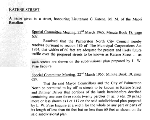 Figure 3: Extract from the Special Committee Meeting minute book of 22nd March 1965, whereby the Council conferred upon the developed street the Katene name. Source: Ian Matheson Archives, Town Planning Committee Minute Book, Series 1/1/7, Volume 5.