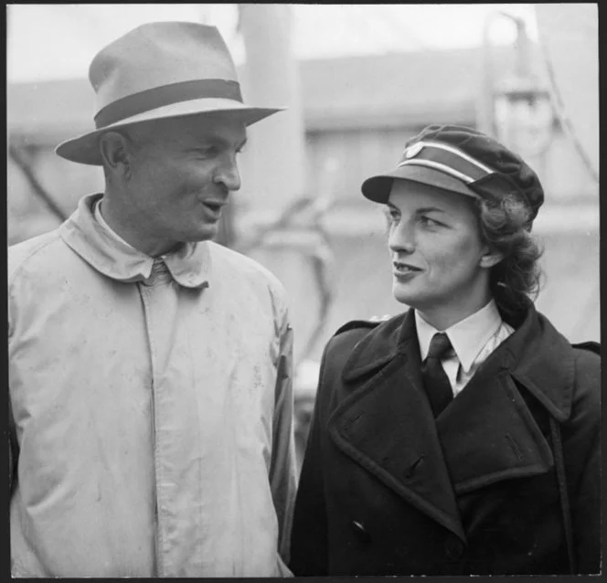 Figure 9: Photograph taken 20 December 1945 of Captain Charles Upham meeting his wife at Wellington Harbour after arriving aboard the Mooltan from England, where she served in the British Red Cross. Source: Alexander Turnbull Library. Reference # EP-NZ Obits-Upham-01. URL: https://natlib.govt.nz/records/22786535