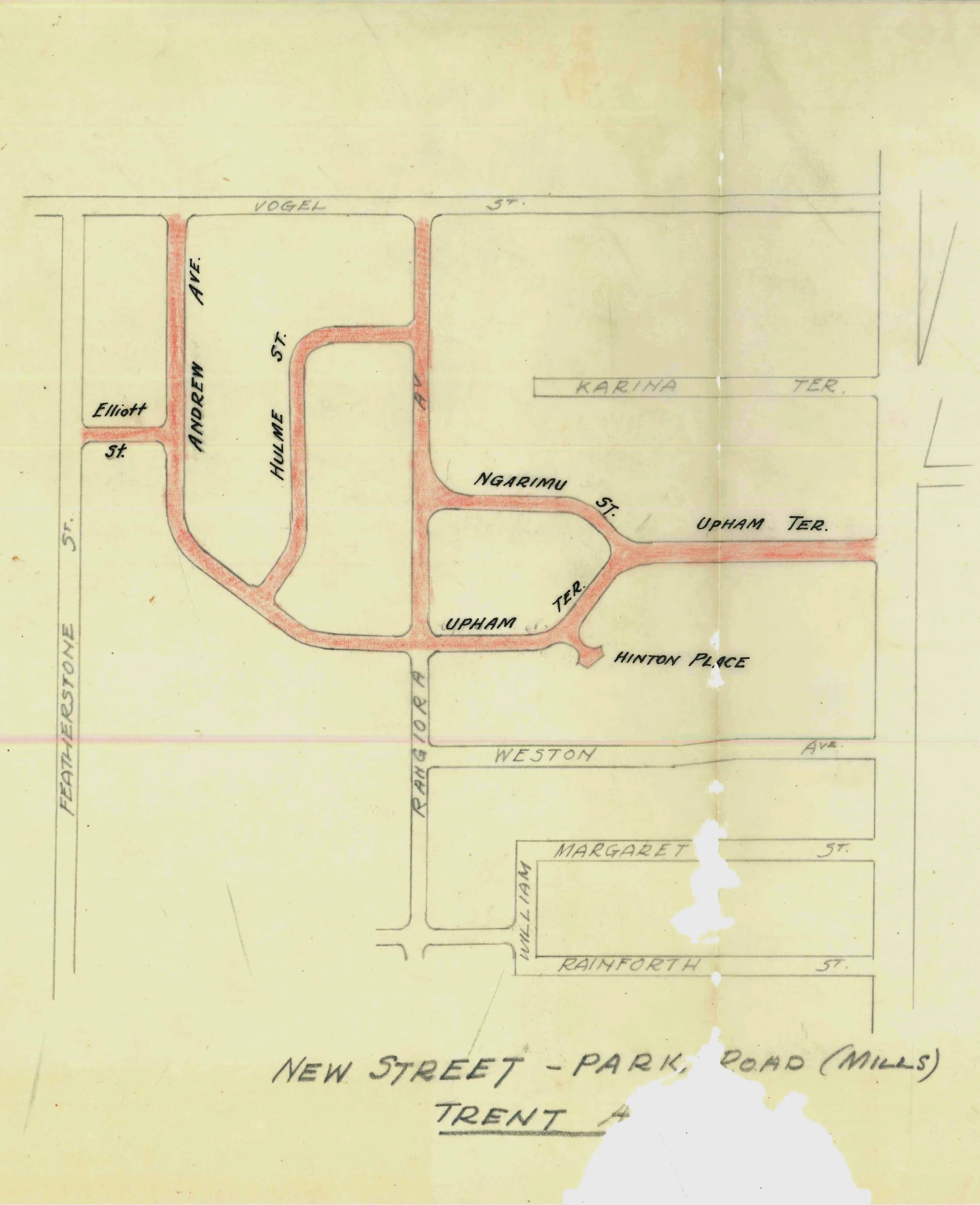 Figure 2: Council plan showing the new streets between Rangiora Avenue and Featherston Street. Source: Ian Matheson City Archives, PNCC Series 1/5/7, Box 37. Letter, “Naming of New Streets”, 17 March 1947.