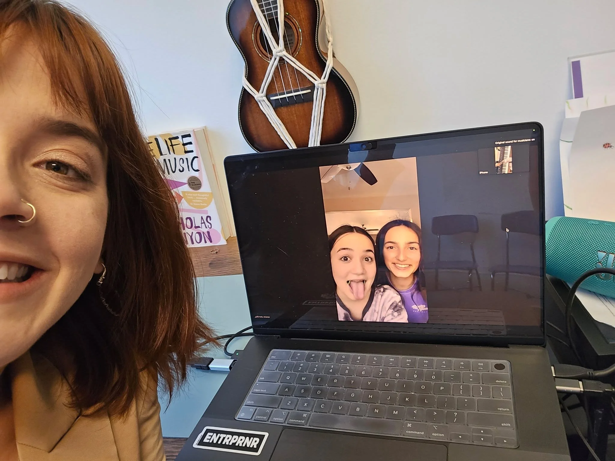 Let's be honest - in 2020, teaching virtually was a challenge for all of us. Over the years, we've come to love our virtual lessons! Here's a virtual selfie of Gabi with Allie and Katelyn, some virtual students we enjoy seeing every week!
