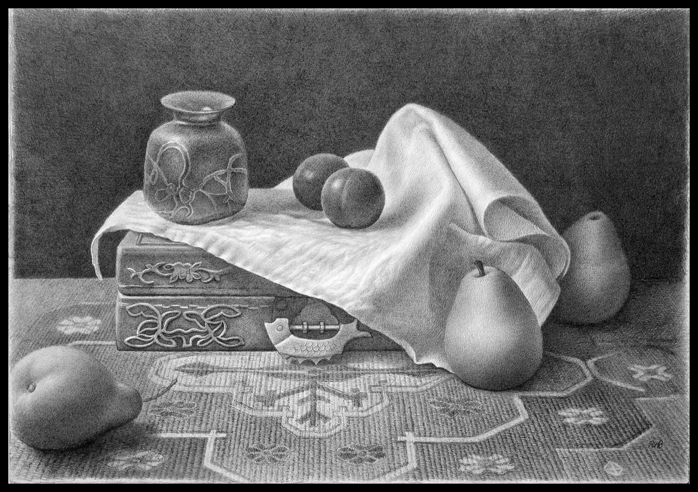  Oriental Box with Fruit (13"x10") Graphite on Rives 