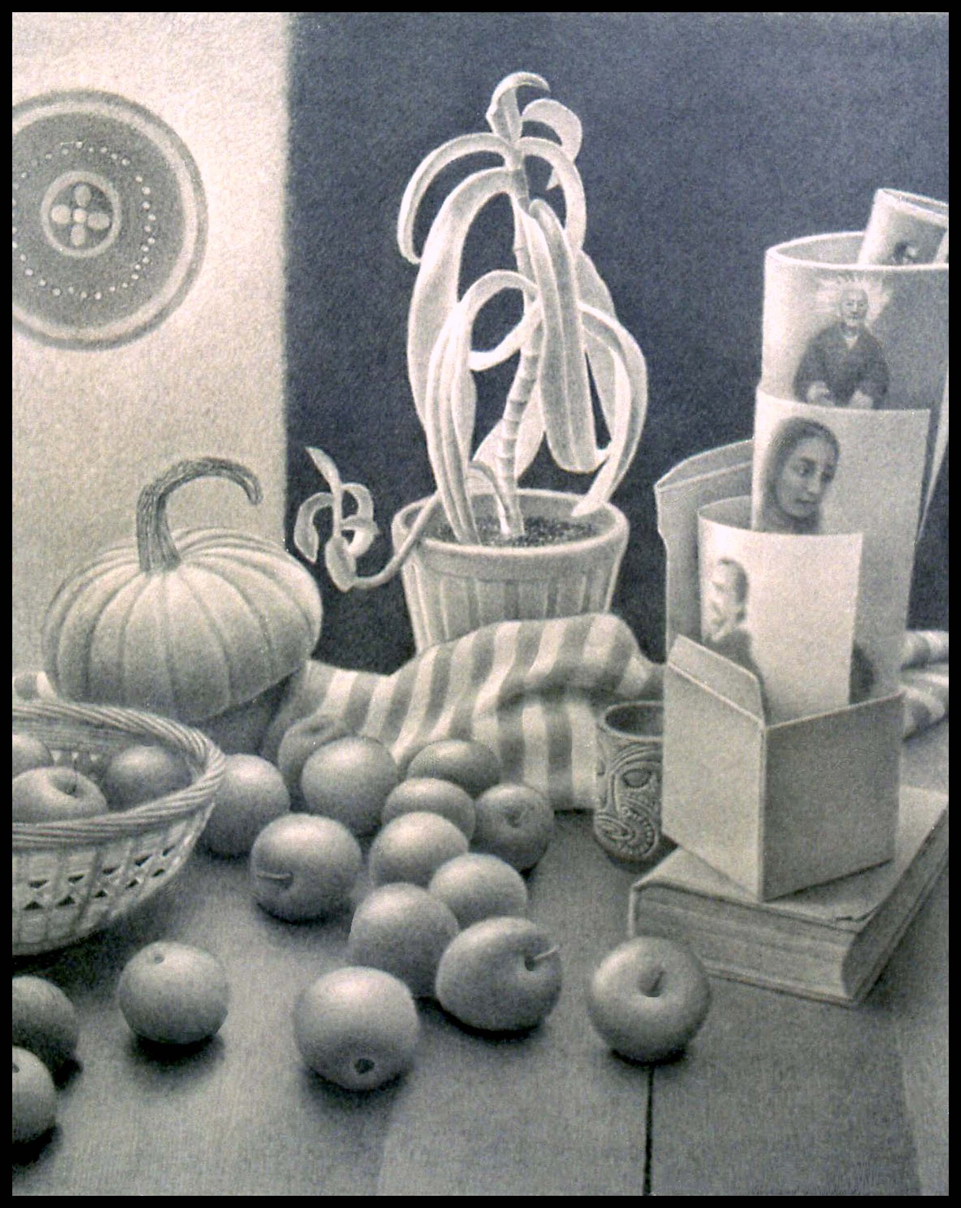  Apples and Photos (14”x12”) Graphite on Rives 