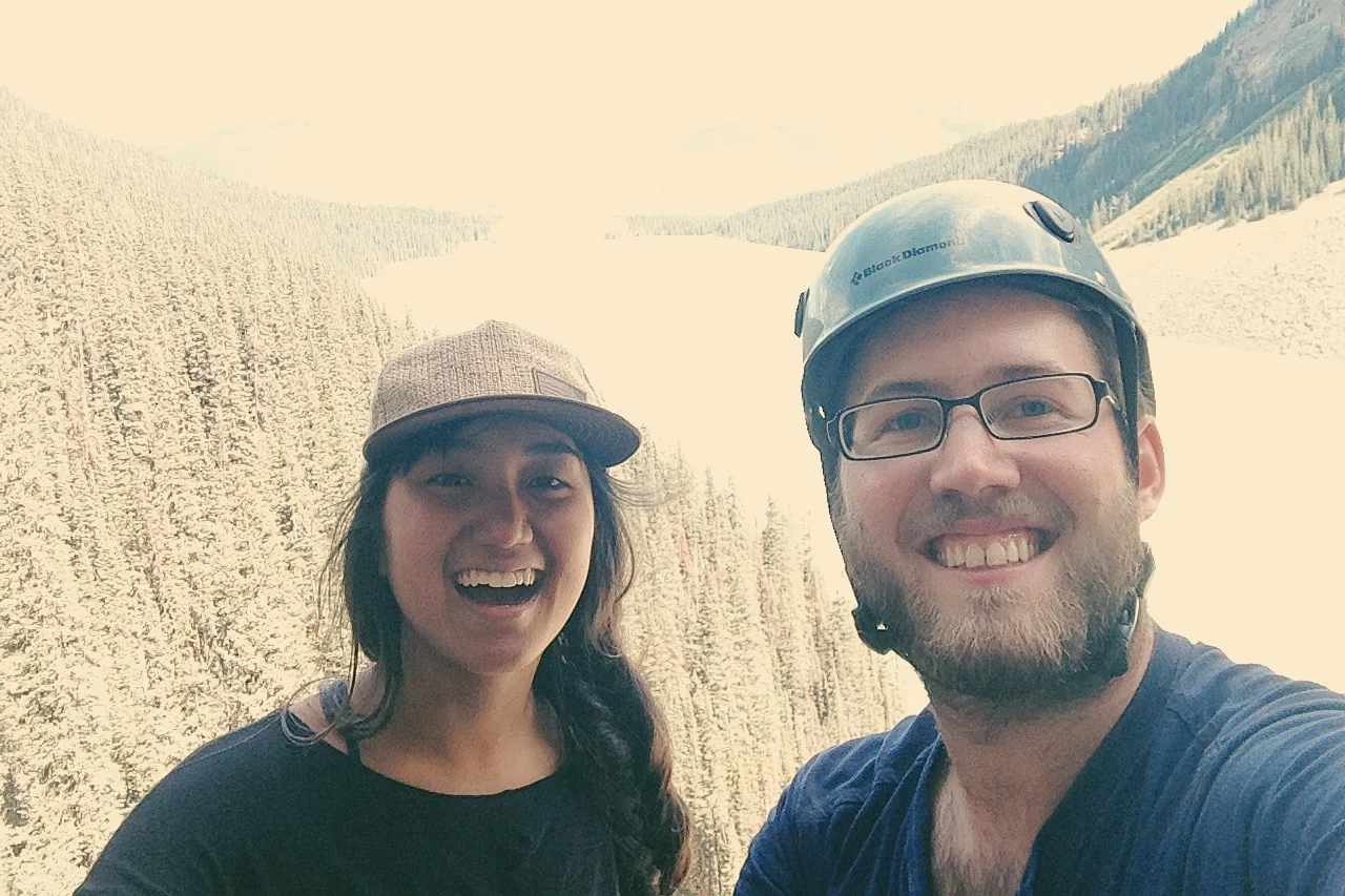 Alfred and I topping out on the Hillside wall in Lake Louise