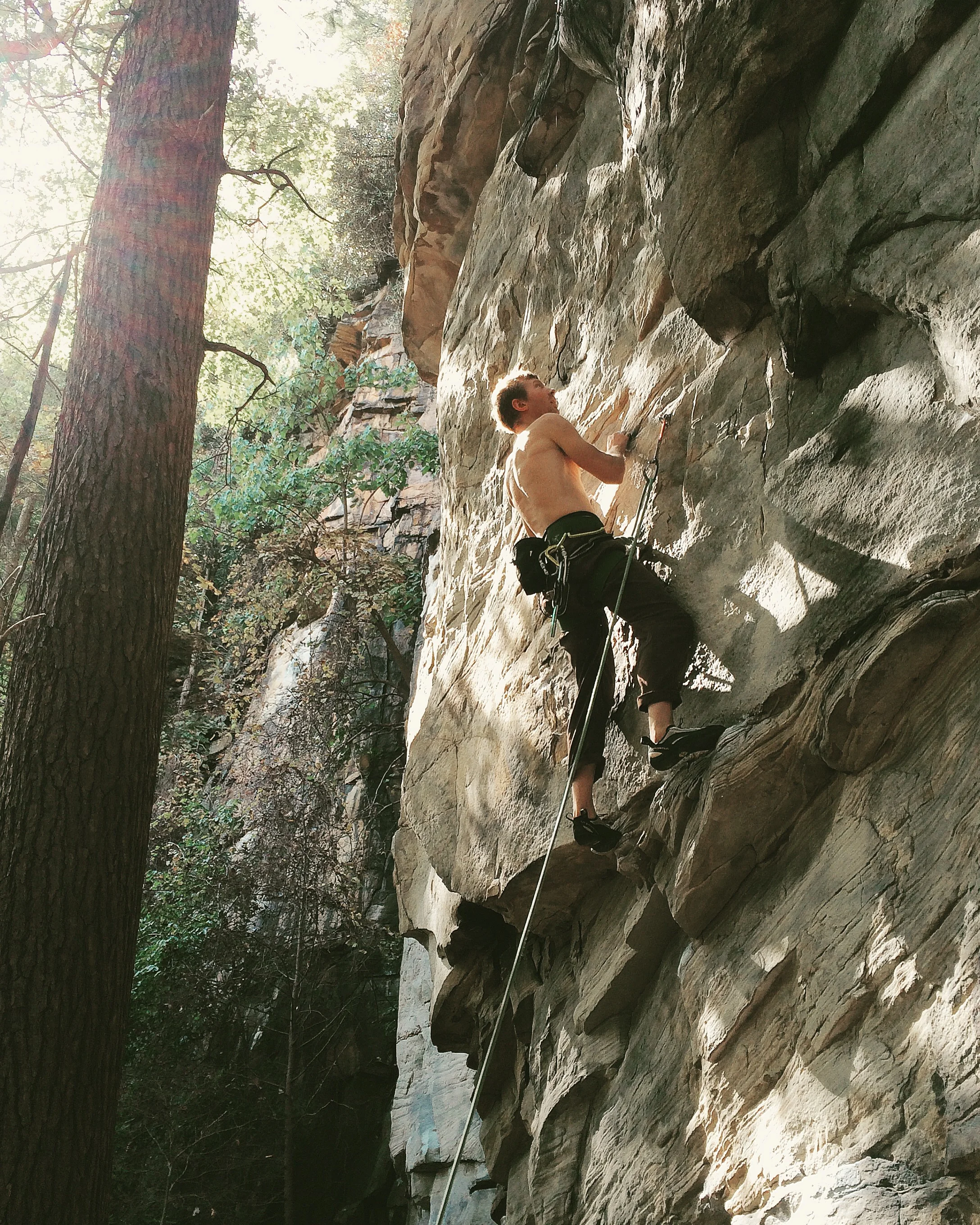Brian working the moves on Bimbo Shrine (11b/c) at the 7 Eleven Wall in Kaymoor