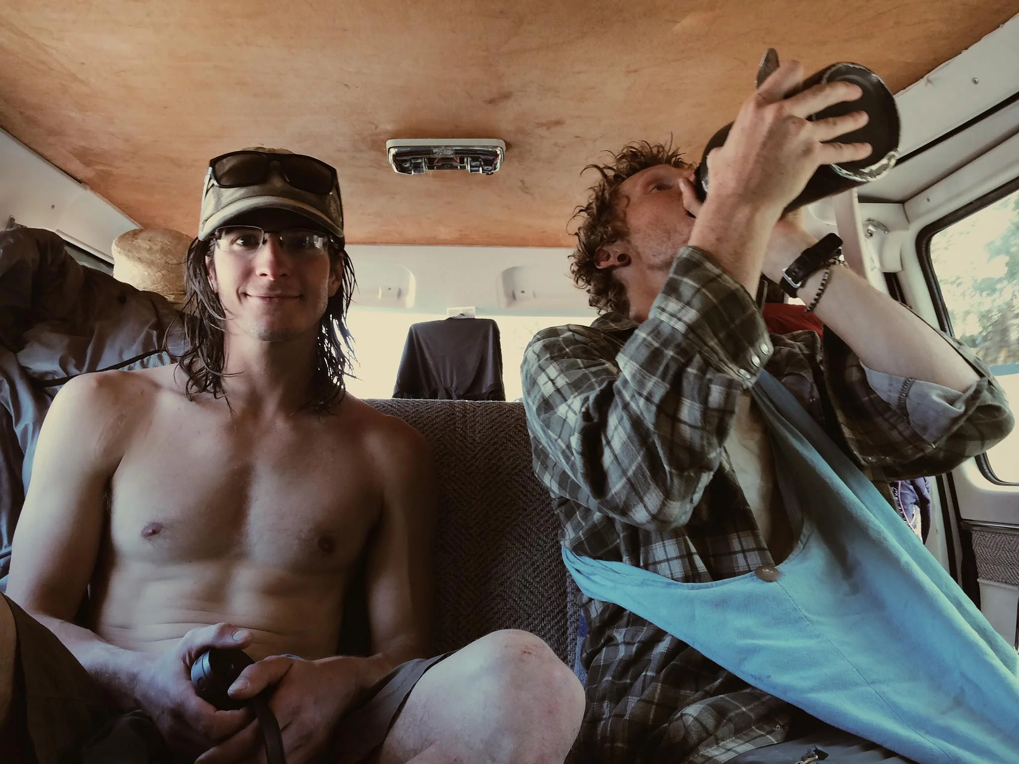Josh and Colum in the back of Derek and Katelyn's van on the way to the market!