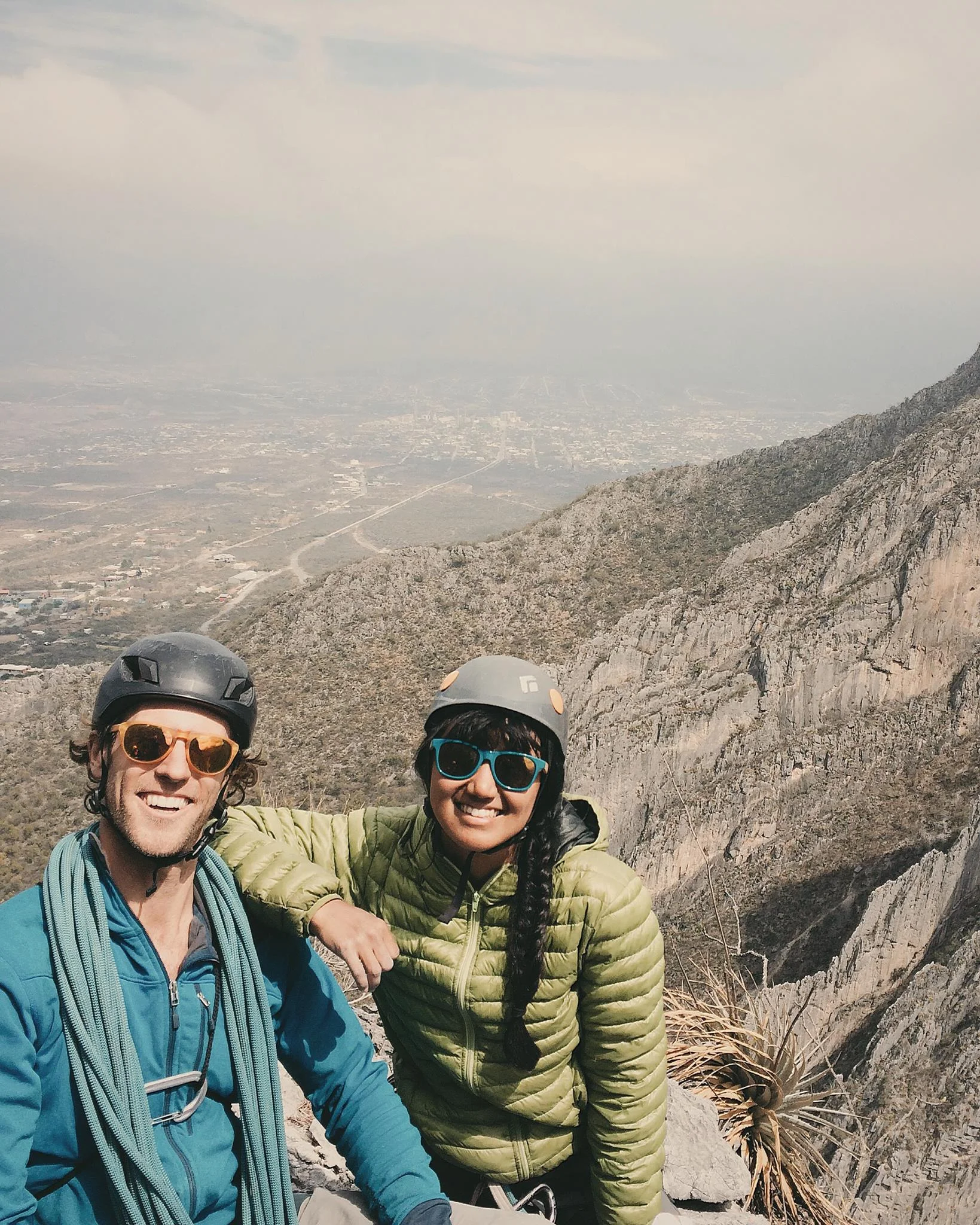 Bryan and me on the summit of Black Cat Bone (10d) with Hidalgo in the background.