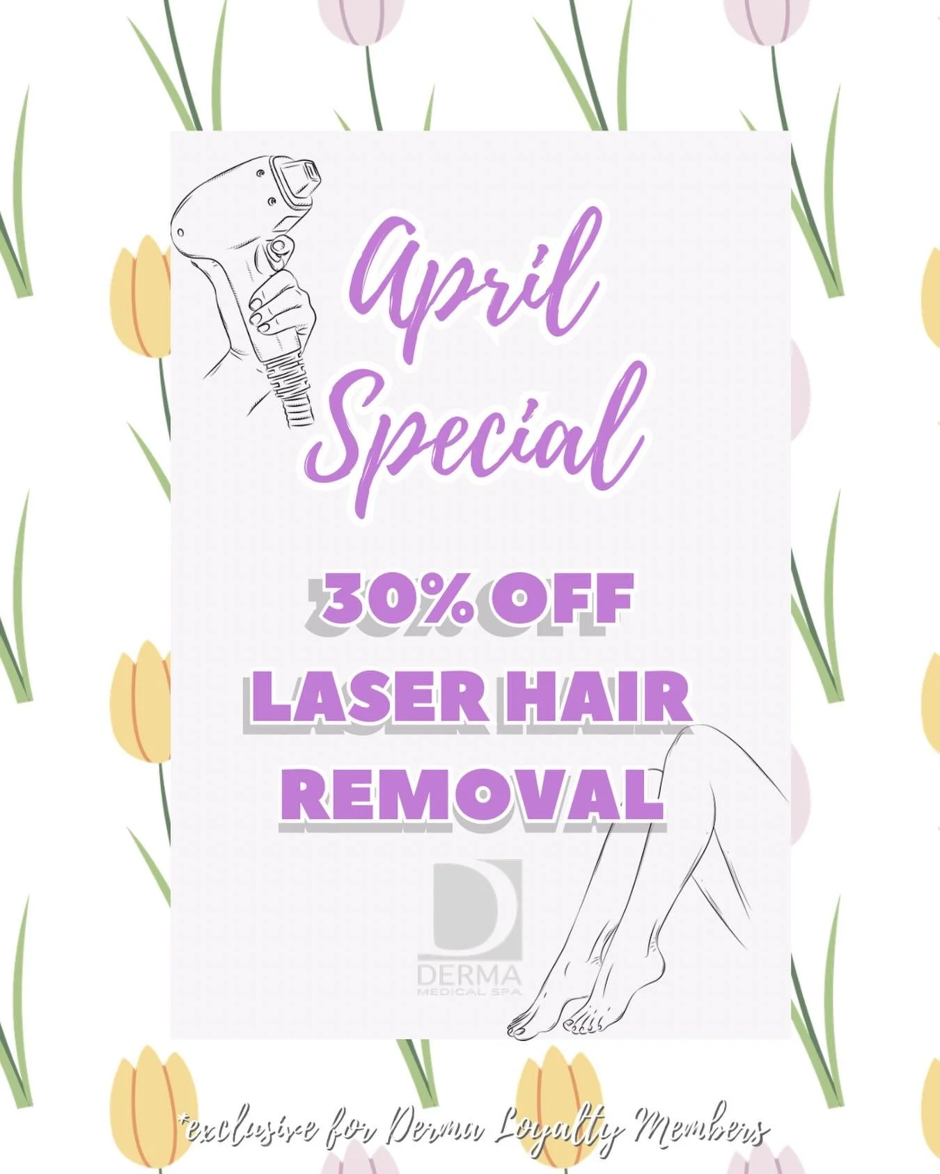 30% off ANY Laser Hair Removal appointments booked in April! Areas like your underarms start at $85 (less than $60 with the discount!) Start your laser journey this month or try out a new area! If you want to quit waxing , quit shaving and never have