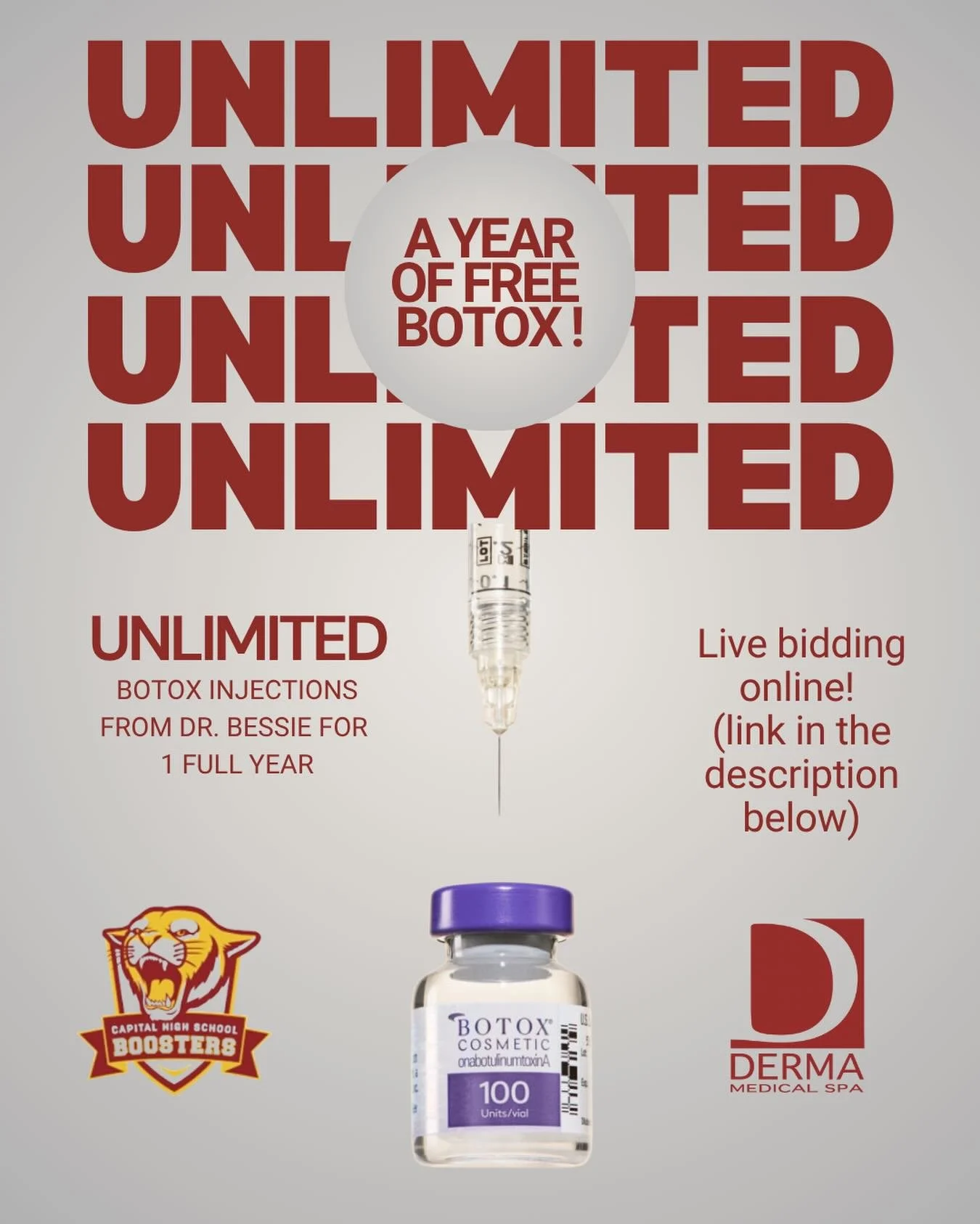 WIN BIG: A Year of Unlimited Botox! 🥳💉
We are so excited to partner with the Capital High Booster Club to support their amazing performing arts, sports, and debate programs! 🎭🏀🗣️
We&rsquo;re auctioning off one full year of unlimited Botox inject