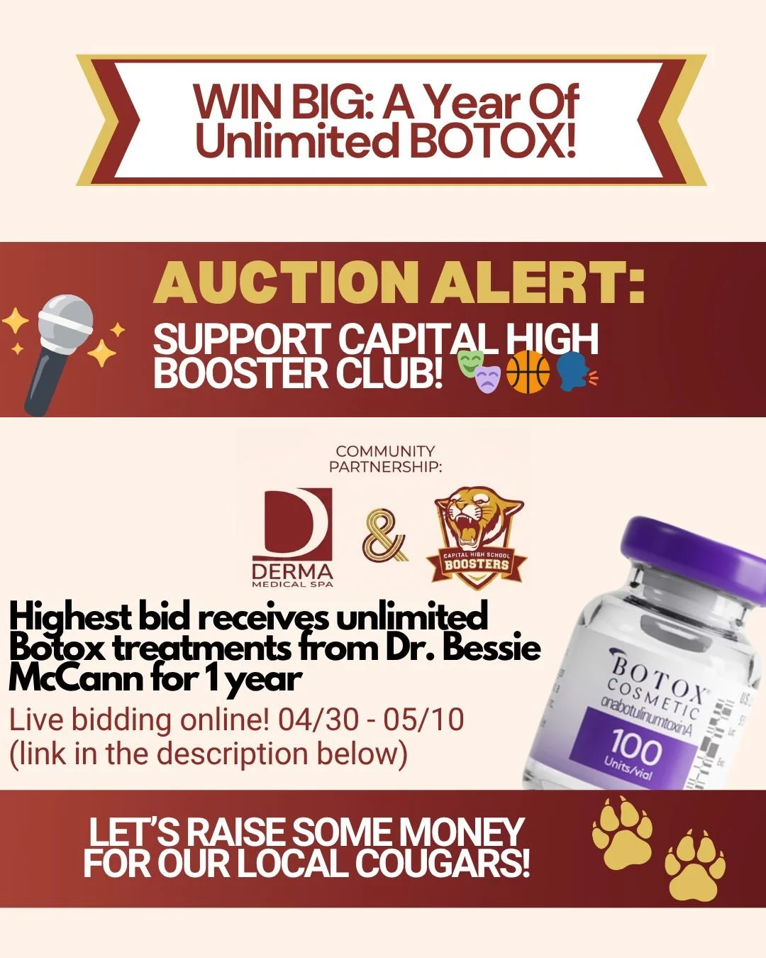 WIN BIG: A Year of Unlimited Botox or Epicutis skin care basket! 💉
We are so excited to partner with the Capital High Booster Club to support their amazing performing arts, sports, and debate programs! 🎭🏀🗣️
We&rsquo;re auctioning off one full yea