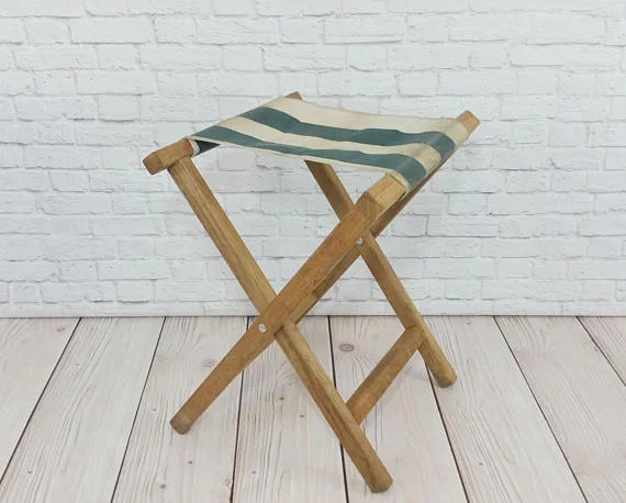 Vintage Camp Stool ( Green & White Stripe ) 