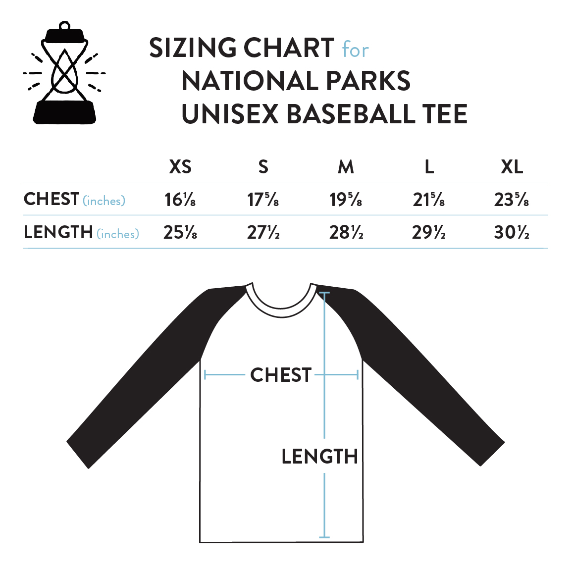 Unisex Baseball Tees Size Chart